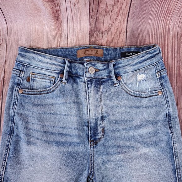 Judy Blue Womens Size 5/27 Flare Fit Distressed Mid Rise Denim Jeans Raw Hem - Picture 5 of 11